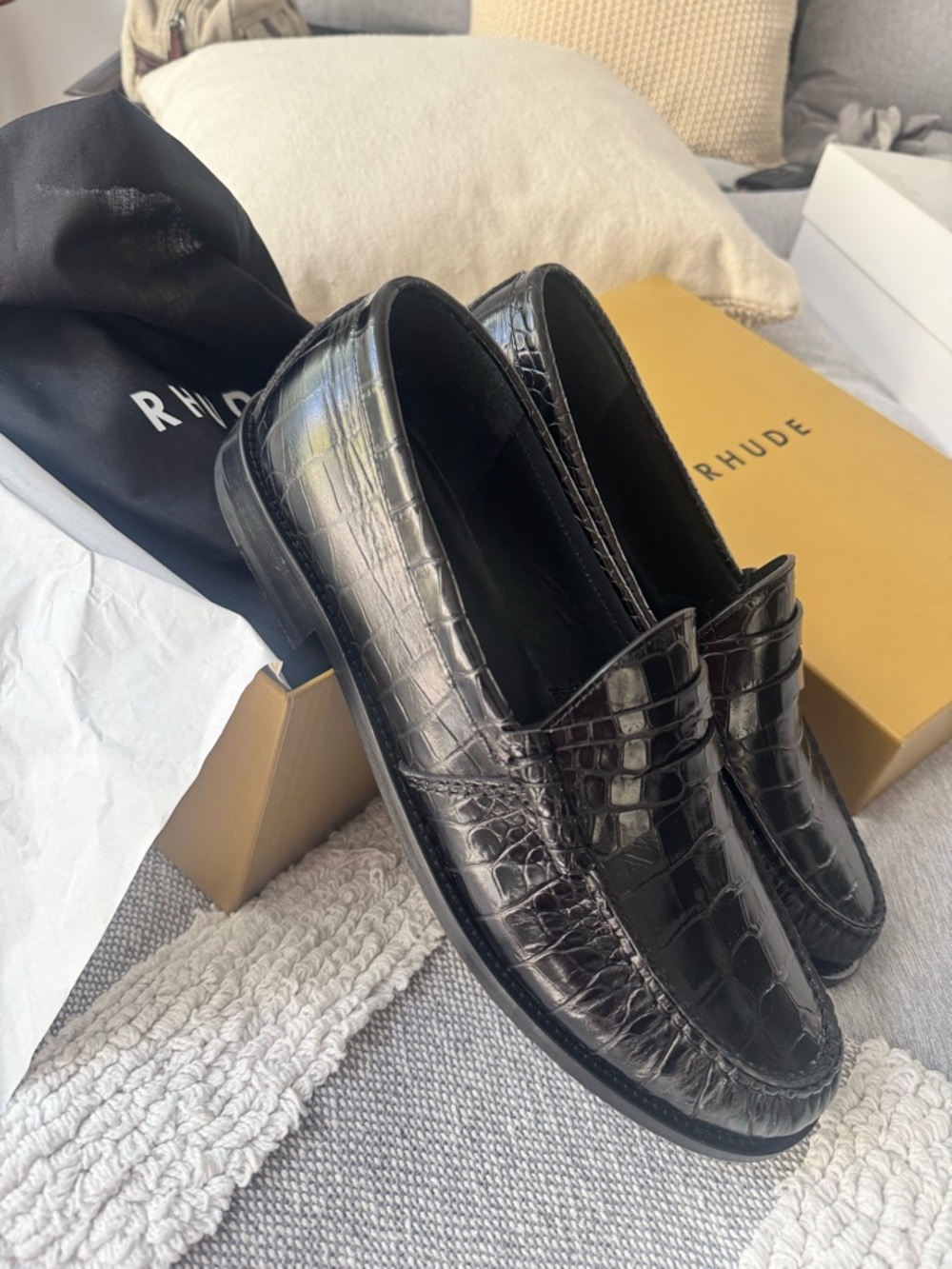 Rhude Black Croc-Embossed Leather Penny Loafers
